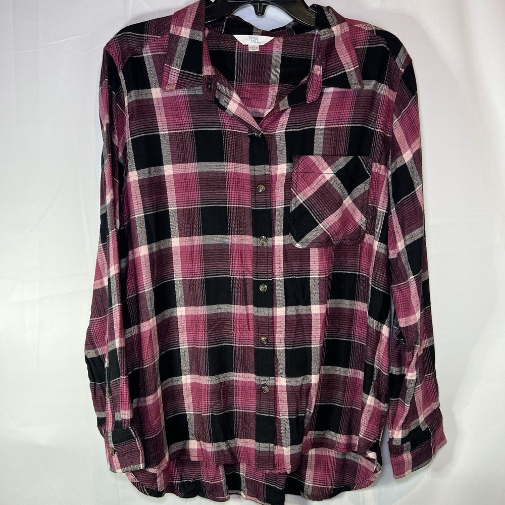 Time and Tru Size L 12-14 Women's Pink Plaid Flannel Button Up Shirt Long Sleeve